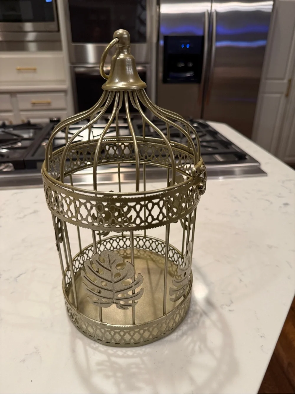 Gold Metal Birdcage Lantern Candle Holder Monstera Leaf Tropical Boho Decor